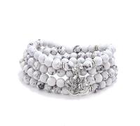 Versatile 108 Stone Bead Mala Necklace with Yoga Charm - Wearable as Bracelet (Howlite)