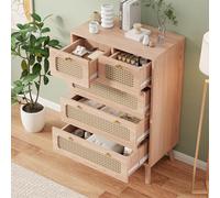 Versatile 5-Drawer Rattan Storage Chest - Wooden Nightstand with Handles for Bedroom Hallway & Living Room - Stylish Functional Furniture with Color Options