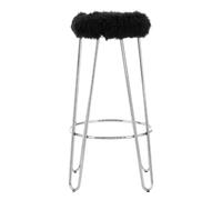 Versatile Chrome Metal and Black Faux Fur Bar Stool, Hairpin Round Stool, Plush Stool for Kitchen Counter