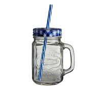 Versatile Embossed Coloured Mason Jar Mug With Blue Gingham Lid, Embossed Glass Bottle With Metal Lid