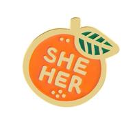 Versatile Enameled Pin for Gender Identity Featuring Oranges Fruit Symbol and Pronoun Designs THEY SHE/HER Gift Backpack Badges