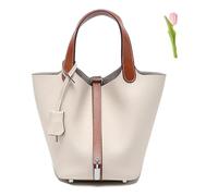 Versatile fashionable spring and summer handle bags,Genuine Leather Soft Bucket Bag for Women Fashion Lock Design Handbags Vegetable Basket Satchel (White - Brown (Silver Lock),Large)