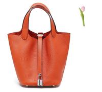 Versatile fashionable spring and summer handle bags,Genuine Leather Soft Bucket Bag for Women Fashion Lock Design Handbags Vegetable Basket Satchel (Orange (Silver Lock),Large)