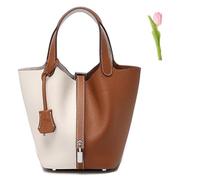 Versatile fashionable spring and summer handle bags,Genuine Leather Soft Bucket Bag for Women Fashion Lock Design Handbags Vegetable Basket Satchel (Brown-White (Silver Lock),Large)