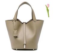 Versatile fashionable spring and summer handle bags,Genuine Leather Soft Bucket Bag for Women Fashion Lock Design Handbags Vegetable Basket Satchel (Light Grey (Silver Lock),Large)