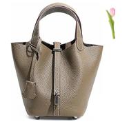 Versatile fashionable spring and summer handle bags,Genuine Leather Soft Bucket Bag for Women Fashion Lock Design Handbags Vegetable Basket Satchel (Grey (Silver Lock),Large)