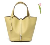 Versatile fashionable spring and summer handle bags,Genuine Leather Soft Bucket Bag for Women Fashion Lock Design Handbags Vegetable Basket Satchel (Yellow (Silver Lock),Large)