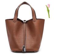 Versatile fashionable spring and summer handle bags,Genuine Leather Soft Bucket Bag for Women Fashion Lock Design Handbags Vegetable Basket Satchel (Coffee (Silver Lock),Large)