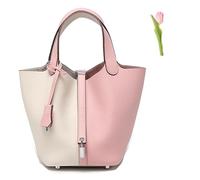 Versatile fashionable spring and summer handle bags,Genuine Leather Soft Bucket Bag for Women Fashion Lock Design Handbags Vegetable Basket Satchel (Pink -White (Silver Lock),Large)