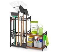 Versatile Garden Tool Organizer, Yard Tool Tower Rack for Garage Organization and Storage, Holds Up to 35 Long-Handled Tools/Rakes/Brooms, Heavy-Duty Steel Garden Tool Stand with Two-Tier Wooden Shelv