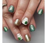 Versatile Green Gold Shamrock Pattern Fake Nails Short Square Stick on Perfect for Various Occasions Work Event Stripe