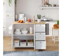 Versatile Kitchen Island with 3 Drawers and 2-Door Cabinet, Space-Saving Rolling Trolley with Foldable Worktop, 135L x 70W x 90H cm, White Aosom UK