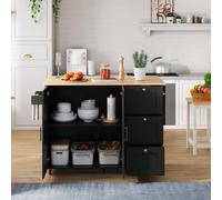 Versatile Kitchen Island with 3 Drawers and 2-Door Cabinet, Space-Saving Rolling Trolley with Foldable Worktop, 135L x 70W x 90H cm, Black Aosom UK