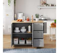 Versatile Kitchen Island with 3 Drawers and 2-Door Cabinet, Space-Saving Rolling Trolley with Foldable Worktop, 135L x 70W x 90H cm, Grey Aosom UK