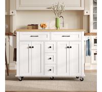 Versatile Kitchen Trolley with Extendable Worktop and 5 Drawers, Sturdy Buffet with Lockable Castors, 140L x 65W x 89H cm, White+Natural Aosom UK
