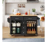 Versatile Kitchen Trolley with Extendable Worktop and 5 Drawers, Sturdy Buffet with Lockable Castors, 140L x 65W x 89H cm, Black+Natural Aosom UK