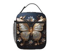 Versatile Large Capacity Gold White Butterflies Insulated Lunch Bag Stylish and Durable Suitable for Work Travel and School