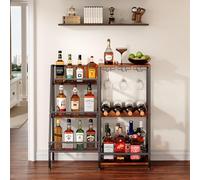 Versatile Liquor Stand for Home Bar, Wine Rack Freestanding Floor, Mini Bar Table for Liquor Whiskey Wine, 3-Tier Trapezoidal Liquor Bottle Display Shelf with Glass Holder and Fences(Patent Pending)