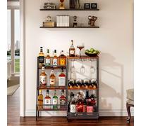 Versatile Liquor Stand for Home Bar, Wine Rack Freestanding Floor, Mini Bar Table for Liquor Whiskey Wine, 3-Tier Trapezoidal Liquor Bottle Display Shelf with Glass Holder and Fences(Patent Pending)