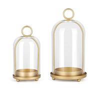 Versatile Metal Candle Holder Set with Handmade Glass Dome,Antique Brass Pillar Candle Stand, 5.2" & 4.1" Wide for Tabletop or Hanging, Industrial & Farmhouse Decor