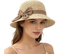Versatile Retro Woven Handmade Straw Hat with Ruffled Bow,Elegant Crochet Straw,French Bucket Sun Hat,Beach Sun StrawHats Beige