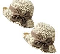 Versatile Retro Woven Handmade Straw Hat with Ruffled Bow, Elegant Crochet Straw, Summer Beach Sun Hat Women, Panama Bucket Hats, Wide Brim Straw Fedora Cap, Foldable Breathable fashion (Beige*2)