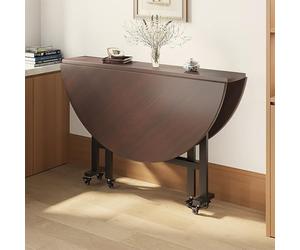 Versatile Round Dining Table with 6 Wheels - Wooden Drop Leaf Kitchen & Office Desk Extension Design Dark Walnut Finish 130cm Space-Saving Solution