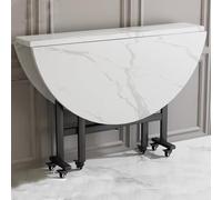 Versatile Round Drop Leaf Dining Table with Wheels - Extendable Movable Kitchen Desk, White Marble h, Perfect for Home & Office Use, Space-Saving Design.