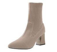 Versatile Short Boots, Pointed Toe, Thick Heels, High Heels, Knitted Elastic Socks, Boots, Flying Weaving Boots, Female Lined Men, khaki, 8 UK