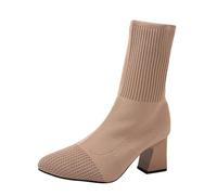 Versatile Short Boots with Pointed Toe, Thick Heels, High Heels, Knitted Elastic Sock Boots, Flying Weaving Boots, Female Ankle Boots Shoes 28 Girls, khaki, 9 UK