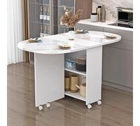 Versatile White Oval Drop Leaf Kitchen Table on Wheels, Space-Saving Collapsible Dining Table with 3 Configurations, Large Storage, 120x60x77cm - Perfect for Small Spaces