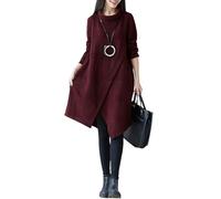 Versear Women Sweater Dress Plus Size Autumn Winter Turtle Neck Pullover Loose Long Sleeve Maxi Dress Irregular Hemline Wine Red