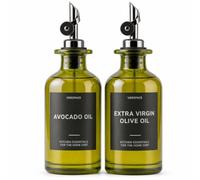 Verspace Green Glass Olive Oil Dispenser Bottles For Kitchen - 2 Pack - 12oz Includes 42 Kitchen Essential Labels, Avocado Oil Dispenser Set, Modern Decor for Home, Airbnb, Cafe
