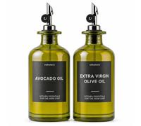 Verspace Green Glass Olive Oil Dispenser Bottles For Kitchen - 2 Pack - 17oz Includes 42 Kitchen Essential Labels, Avocado Oil Dispenser Set, Modern Decor for Home, Airbnb, Cafe