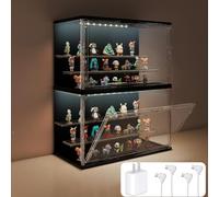 VERSSURE 2PCS Clear Display Case for Collectibles, 3-Tier Adjustable Display Case with Led Light,Stackable Storage Bins with Magnetic Door for Jewelry (Black)