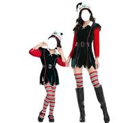 VersusModa ELF014 Elf Elf Santa Claus Costume Dress Children Adults Cosplay Elf Suit (Multicoloured, XL, Set 4 Pieces Women = Dress+Hat+Stockings+Belt)