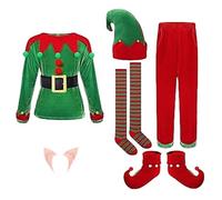 VersusModa ELF016 Elf Santa Claus Costume Outfit Children Adults Cosplay Elf Suit (Multicoloured, S, Set 7 Pieces: Hat + Top + Belt + Trousers + Socks + Shoe Covers + Ears)