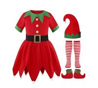 VersusModa ELF017 Elf Elf Santa Claus Costume Outfit Children Adults Cosplay Elf Suit (Multicoloured, 2XL, 5-Piece Set - Hat + Dress + Belt + Socks + Shoe Cover)