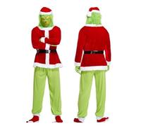 VersusModa GRINCH02 Green Monster Costume Dress Santa Claus Green Hair Monster Fur (Multicoloured, L, Set 6 Pieces Clothes Only, Adult)