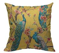 VERSUSWOLF Throw Pillow Covers Vintage Watercolor with Peacock On Tree Cherry Flowering Trees with Flowers Yellow Colorful Bird Linen Decorative Square Pillowcases Cushion Cover 18 X 18 Inch