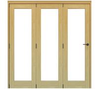 Vertical 1 Lite Plain Clear Glazed Shaker Unfinished White Oak Effect Timber Internal Folding Door Set, (H)2060mm (W)1673mm