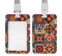 Vertical African Textile Patchwork Badge Holder Heavy Duty Id Card Holder with Breakaway Lanyard Waterproof Name Tag Card Badge Holder Case Protector with Clear Window for Nurse Office