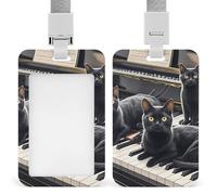 Vertical Black Cats Lying on The Piano Keyboard Badge Holder with Breakaway Lanyard Heavy-Duty Abs Id Card Protector Waterproof Clear Window for Nurse Teacher Office Worker Detachable for Id Badge Cre