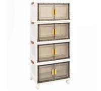 Vertical Box Storage Bins with Steel Reinforced Swivel Wheels, Plastic Storage Containers 3 Ways Easy Access Tinted Wide Twin Doors, Stackable Foldable Collapsible Bin, Pack 4