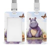 Vertical Butterfly and Hippo Badge Holder Heavy Duty Id Card Holder with Breakaway Lanyard Waterproof Name Tag Card Badge Holder Case Protector with Clear Window for Nurse Office