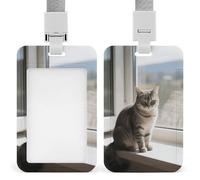 Vertical Cat on The Windowsill Badge Holder with Breakaway Lanyard Heavy-Duty Abs Id Card Protector Waterproof Clear Window for Nurse Teacher Office Worker Detachable for Id Badge Credit Card Transit