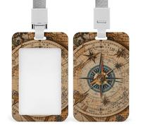 Vertical Compass and Old World Map Badge Holder Heavy Duty Id Card Holder with Breakaway Lanyard Waterproof Name Tag Card Badge Holder Case Protector with Clear Window for Nurse Office