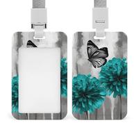 Vertical Gray Teal Flower Butterfly Badge Holder with Breakaway Lanyard Heavy-Duty Abs Id Card Protector Waterproof Clear Window for Nurse Teacher Office Worker Detachable for Id Badge Credit Card Tra