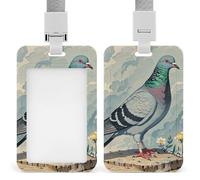 Vertical Grey Pigeon Print Badge Holder with Breakaway Lanyard Heavy-Duty Abs Id Card Protector Waterproof Clear Window for Nurse Teacher Office Worker Detachable for Id Badge Credit Card Transit Pass