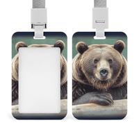Vertical Grizzly Bear Badge Holder with Breakaway Lanyard Heavy-Duty Abs Id Card Protector Waterproof Clear Window for Nurse Teacher Office Worker Detachable for Id Badge Credit Card Transit Pass